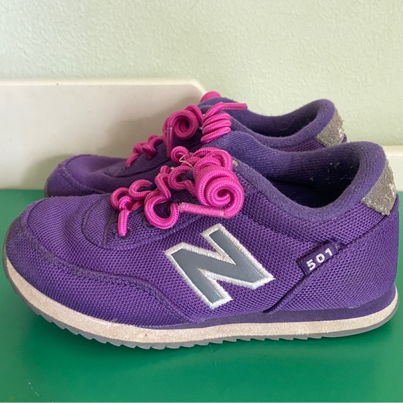 Retro Purple New Balance 501 Toddler size 9 with no-tie curly shoe laces - Picture 2 of 7